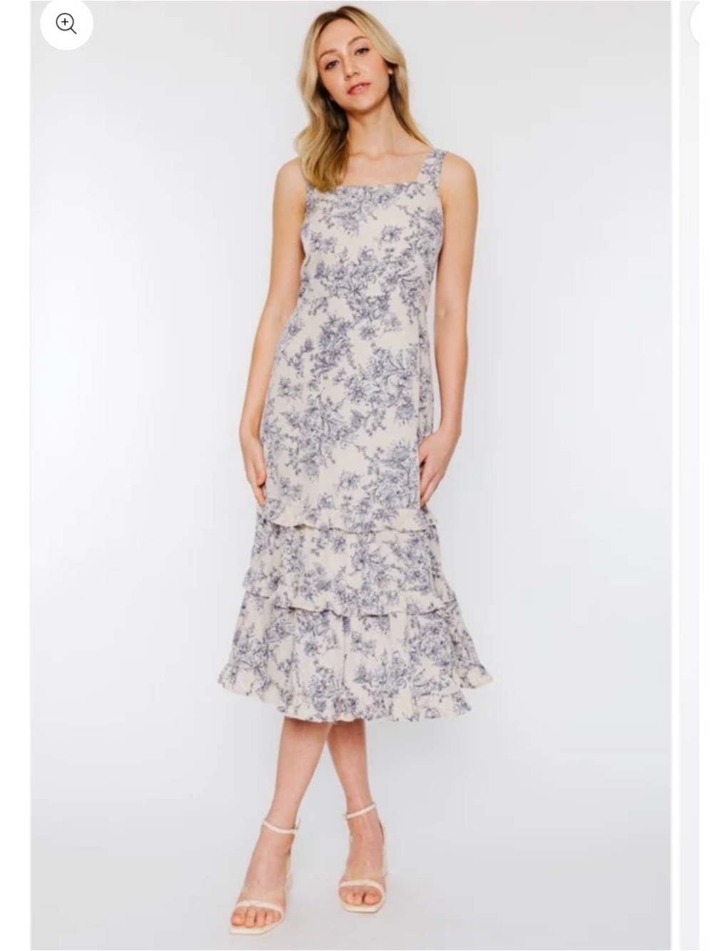CALISTA Everly Floral Tiered Midi Dress in Cream and Blue Sz Small